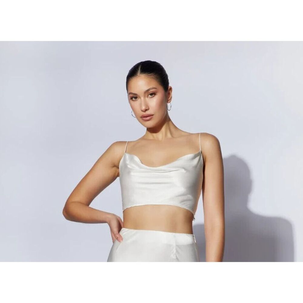 Revolve Nookie Women's‎ Ivory Satin Cowl Neck Spaghetti Strap Sexy Crop Top Sz S